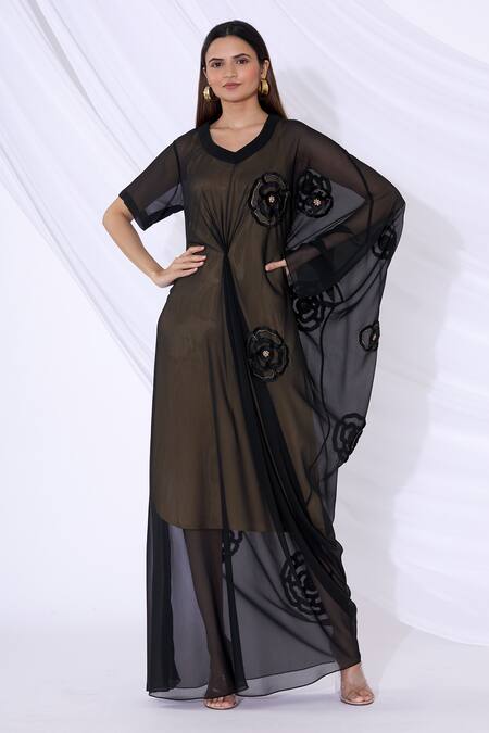 Buy_Urvashi Joneja_Black Georgette 3d Floral Motif Round Embroidered Draped Dress_Online_at_Aza_Fashions