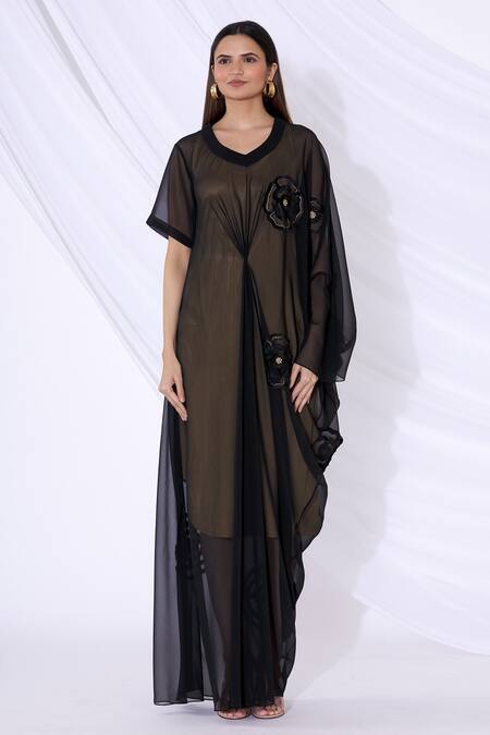 Urvashi Joneja_Black Georgette 3d Floral Motif Round Embroidered Draped Dress_Online_at_Aza_Fashions