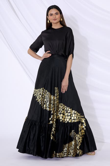 Urvashi Joneja Black Silk Printed Bird Motif Foil Skirt  