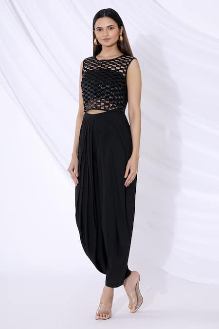 Buy_Urvashi Joneja_Black Silk Bead, Cutout Round Cutuot Crop Top _Online_at_Aza_Fashions