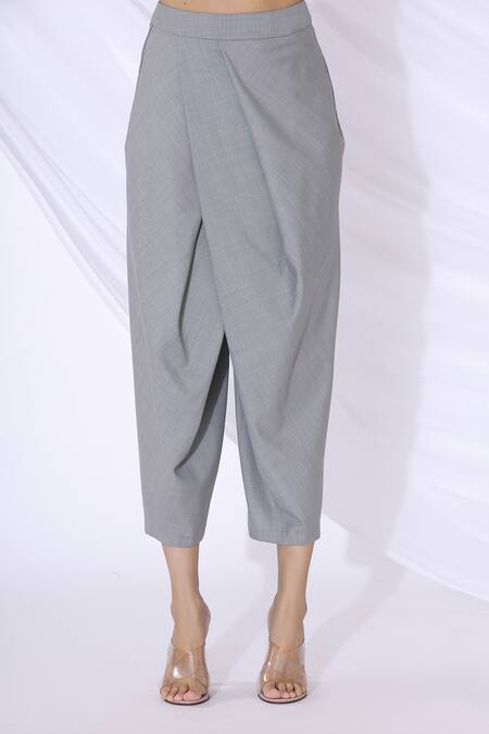 Urvashi Joneja_Grey Crepe Cropped Draped Pants  _Online_at_Aza_Fashions