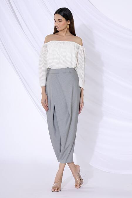 Buy_Urvashi Joneja_Grey Crepe Cropped Draped Pants  _Online_at_Aza_Fashions