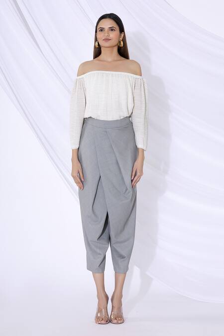 Shop_Urvashi Joneja_Grey Crepe Cropped Draped Pants  _Online_at_Aza_Fashions