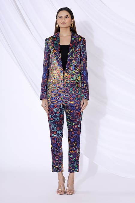 Urvashi Joneja_Blue Satin Abstract Print Lapel Blazer And Pant Set _Online_at_Aza_Fashions