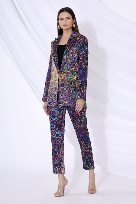 Buy_Urvashi Joneja_Blue Satin Abstract Print Lapel Blazer And Pant Set _Online_at_Aza_Fashions