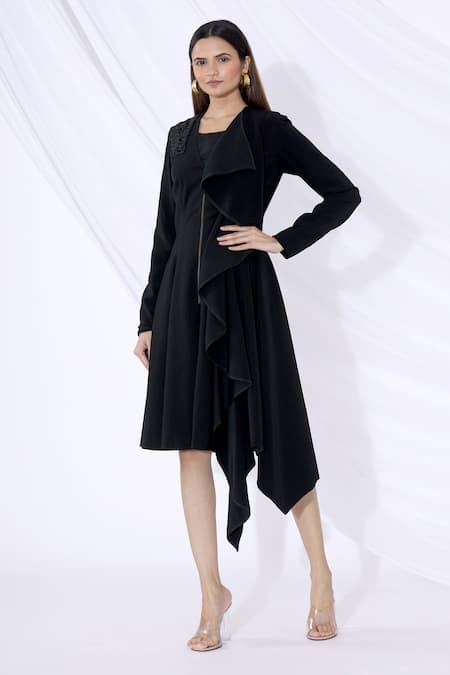 Urvashi Joneja Black Crepe Embroidered Placement Ruffle Draped Jacket Dress  