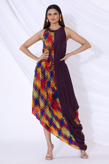 Urvashi Joneja Purple Georgette Printed Abstract Round Draped Dress 
