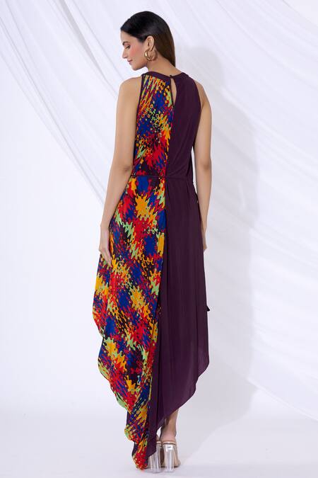 Shop Urvashi Joneja Purple Georgette Abstract Print Round Draped Dress at Aza Fashions Shop_Urvashi Joneja_Purple Georgette Abstract Print Round Draped Dress_at_Aza_Fashions