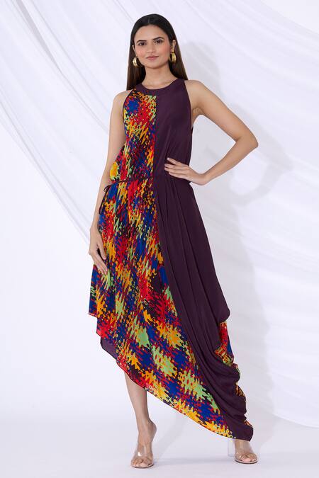 Buy Urvashi Joneja Purple Georgette Abstract Print Round Draped Dress Online at Aza Fashions Buy_Urvashi Joneja_Purple Georgette Abstract Print Round Draped Dress_Online_at_Aza_Fashions