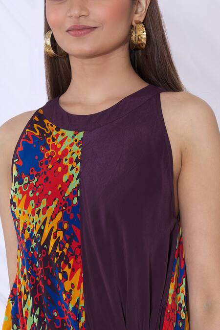 Shop Urvashi Joneja Purple Georgette Abstract Print Round Draped Dress Online at Aza Fashions Shop_Urvashi Joneja_Purple Georgette Abstract Print Round Draped Dress_Online_at_Aza_Fashions