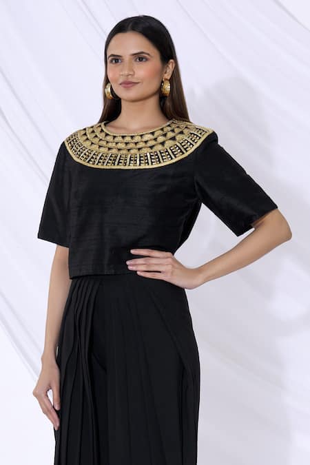 Urvashi Joneja Black Silk Embroidered Gold Tone Thread Round Top  