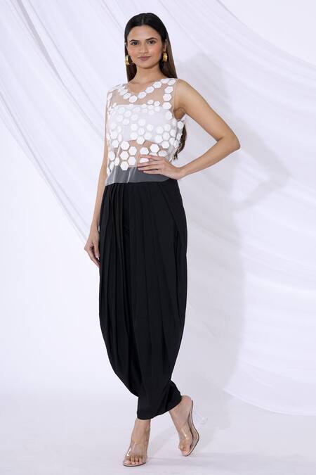 Urvashi Joneja_White Net Applique Work, Geometric Motif V Neck Sheer Top _Online_at_Aza_Fashions