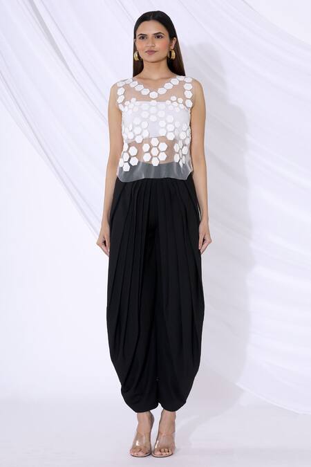 Buy_Urvashi Joneja_White Net Applique Work, Geometric Motif V Neck Sheer Top _Online_at_Aza_Fashions