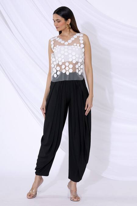 Shop_Urvashi Joneja_White Net Applique Work, Geometric Motif V Neck Sheer Top _Online_at_Aza_Fashions