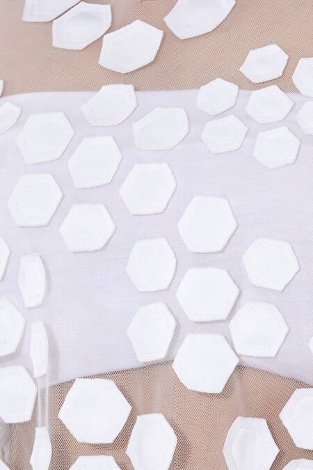 Urvashi Joneja_White Net Applique Work, Geometric Motif V Neck Sheer Top _at_Aza_Fashions