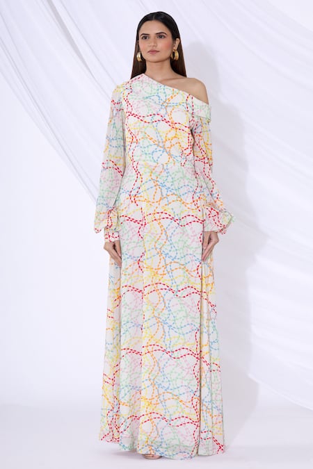 Urvashi Joneja_White Georgette Asymmetric Off Shoulder Printed Dress _Online_at_Aza_Fashions