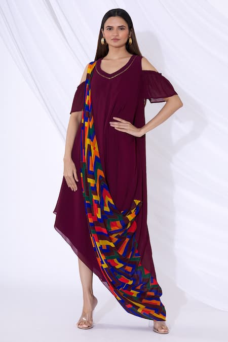 Buy_Urvashi Joneja_Purple Georgette Geometric Print V Neck Asymmetric Draped Dress_Online_at_Aza_Fashions