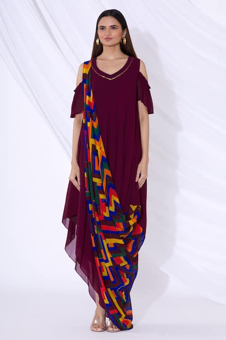 Urvashi Joneja_Purple Georgette Geometric Print V Neck Asymmetric Draped Dress_Online_at_Aza_Fashions