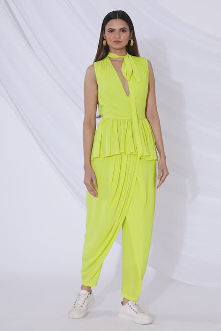 Buy_Urvashi Joneja_Yellow Georgette V Neck Peplum Top And Draped Pant Set _Online_at_Aza_Fashions
