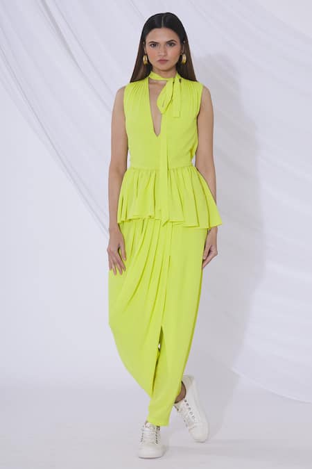 Urvashi Joneja_Yellow Georgette V Neck Peplum Top And Draped Pant Set _Online_at_Aza_Fashions