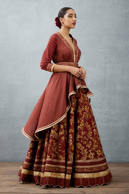 Torani_Red Slub Silk Bhagalpuri Floral Motifs Gulnar Afsoon Printed Lehenga And Kurta Set _Online_at_Aza_Fashions