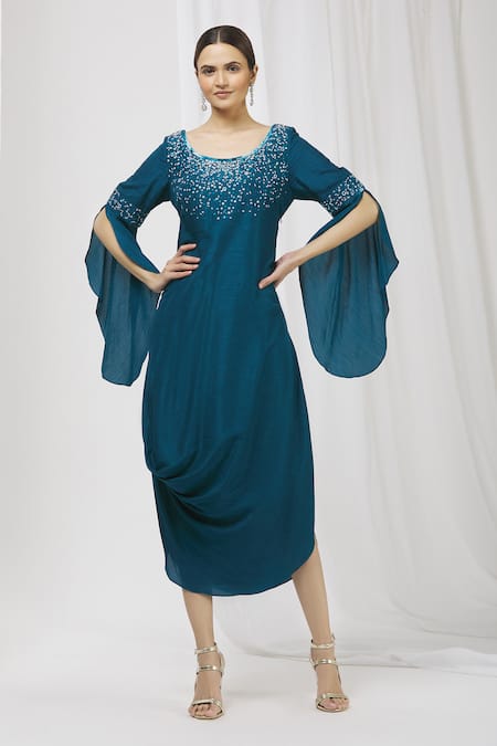 Buy_Aariyana Couture_Blue Satin, Silk Embroidery, Beads Round Neck Cowl Draped Tunic_Online_at_Aza_Fashions