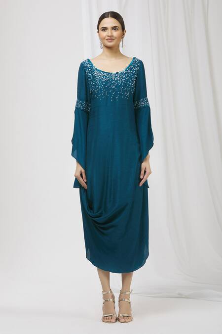 Aariyana Couture_Blue Satin, Silk Embroidery, Beads Round Neck Cowl Draped Tunic_Online_at_Aza_Fashions