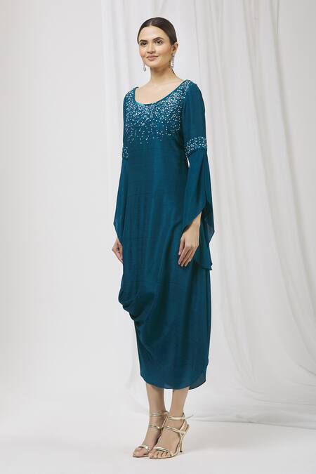 Shop_Aariyana Couture_Blue Satin, Silk Embroidery, Beads Round Neck Cowl Draped Tunic_Online_at_Aza_Fashions