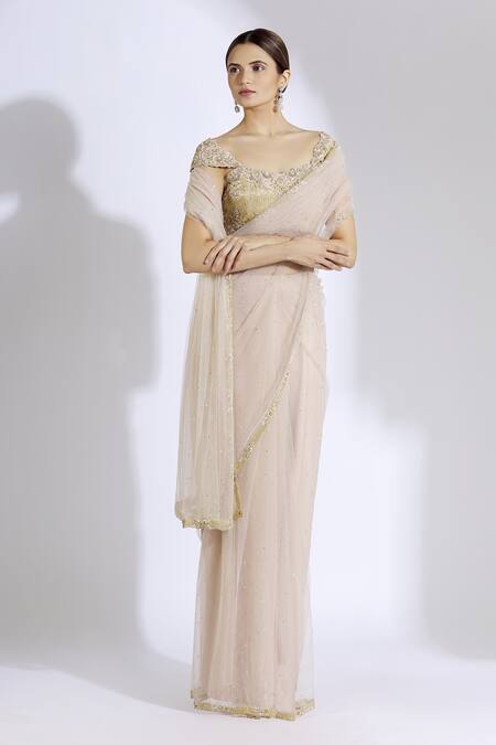 Aariyana Couture_Beige Net, Cotton Zari, Sequins, Embroidery Sweetheart Neck Saree With Blouse_Online_at_Aza_Fashions