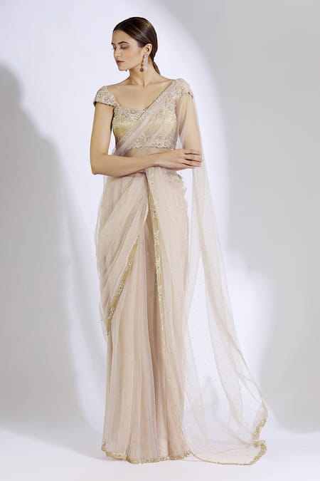Aariyana Couture Beige Butterfly Net Sweetheart Neck Embroidered Saree With Blouse 