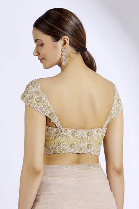 Shop_Aariyana Couture_Beige Net, Cotton Zari, Sequins, Embroidery Sweetheart Neck Saree With Blouse_Online_at_Aza_Fashions