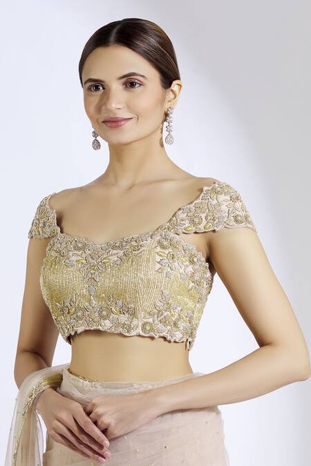 Aariyana Couture_Beige Net, Cotton Zari, Sequins, Embroidery Sweetheart Neck Saree With Blouse_at_Aza_Fashions