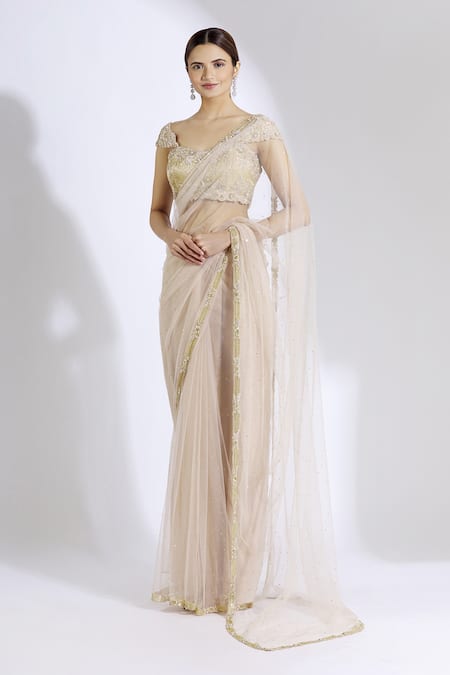 Buy_Aariyana Couture_Beige Net, Cotton Zari, Sequins, Embroidery Sweetheart Neck Saree With Blouse_Online_at_Aza_Fashions