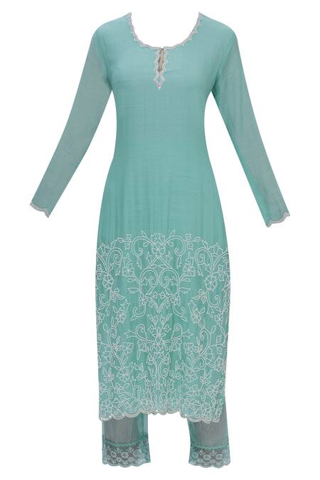 Buy Neha Khullar Blue Silk, Kota Key Hole Embroidered Kurta Set Online at Aza Fashions Buy_Neha Khullar_Blue Silk, Kota Key Hole Embroidered Kurta Set _Online_at_Aza_Fashions