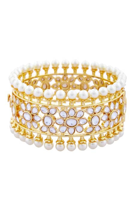 Zevar By Geeta_Gold Plated Pearls, Diamonds Kundan Bangle _Online_at_Aza_Fashions