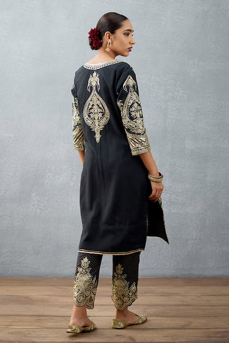 Torani_Black Slub , Organza Gota Work, Gulghast Zarin Embroidered Kurta Set _at_Aza_Fashions