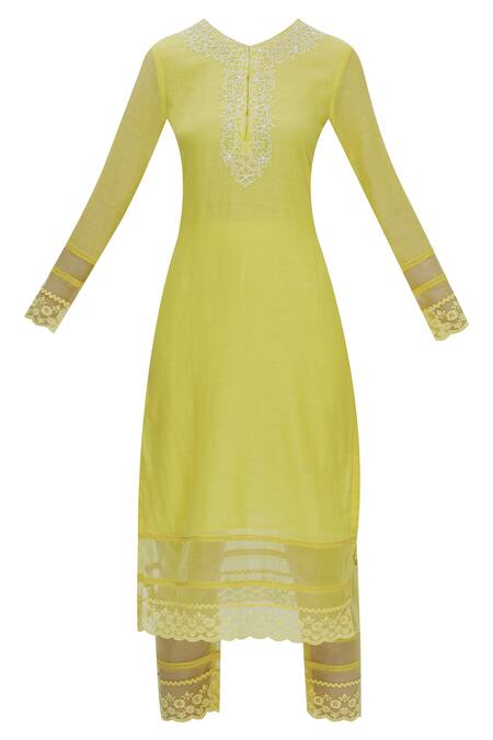 Neha Khullar_Yellow Silk, Kota Bead Work Round Neck Embroidered Kurta Set _Online_at_Aza_Fashions