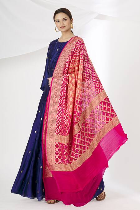 Vishwa By Pinki Sinha_Blue Anarkali With Bandhani Dupatta_Online_at_Aza_Fashions