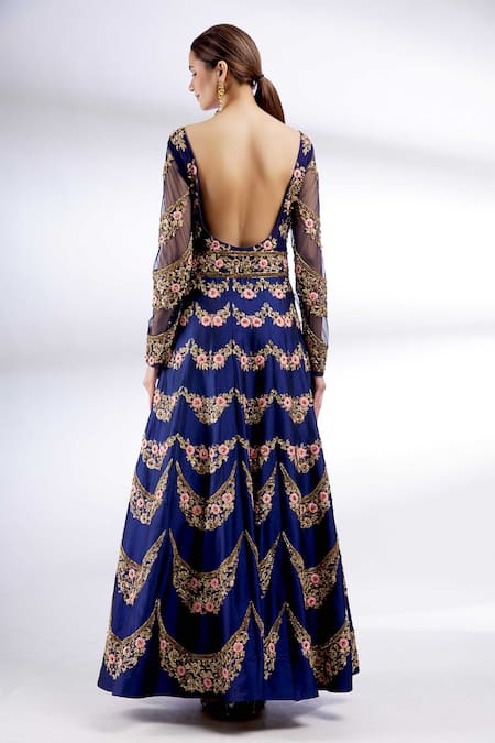 Shop Neha Mehta Couture Blue Silk Scoop Neck Embroidered Anarkali With Dupatta at Aza Fashions Shop_Neha Mehta Couture_Blue Silk Scoop Neck Embroidered Anarkali With Dupatta _at_Aza_Fashions