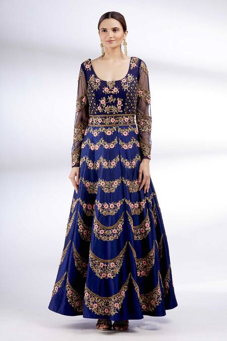 Neha Mehta Couture Blue Silk Scoop Neck Embroidered Anarkali With Dupatta Online at Aza Fashions Neha Mehta Couture_Blue Silk Scoop Neck Embroidered Anarkali With Dupatta _Online_at_Aza_Fashions