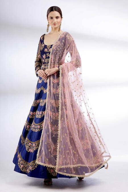 Buy Neha Mehta Couture Blue Silk Scoop Neck Embroidered Anarkali With Dupatta Online at Aza Fashions Buy_Neha Mehta Couture_Blue Silk Scoop Neck Embroidered Anarkali With Dupatta _Online_at_Aza_Fashions