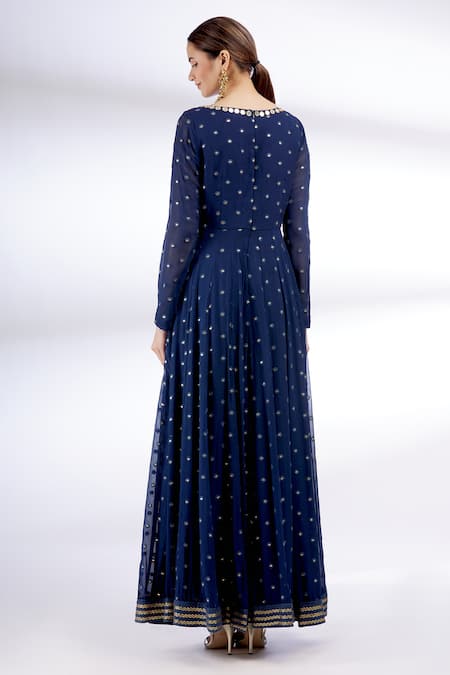 Shop Neha Mehta Couture Blue Georgette Scoop Neck Hand Embroidered Anarkali With Dupatta at Aza Fashions Shop_Neha Mehta Couture_Blue Georgette Scoop Neck Hand Embroidered Anarkali With Dupatta _at_Aza_Fashions