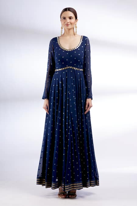 Neha Mehta Couture Blue Georgette Scoop Neck Hand Embroidered Anarkali With Dupatta Online at Aza Fashions Neha Mehta Couture_Blue Georgette Scoop Neck Hand Embroidered Anarkali With Dupatta _Online_at_Aza_Fashions