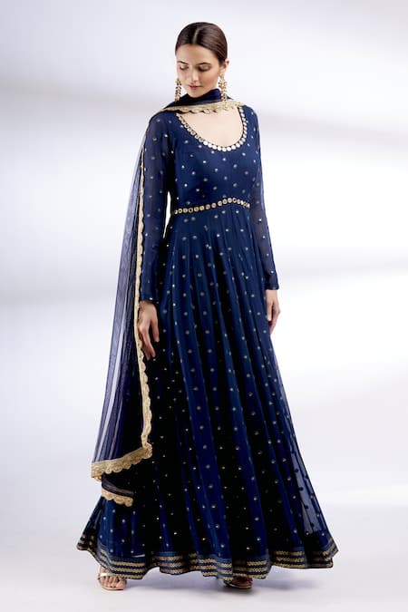 Buy Neha Mehta Couture Blue Georgette Scoop Neck Hand Embroidered Anarkali With Dupatta Online at Aza Fashions Buy_Neha Mehta Couture_Blue Georgette Scoop Neck Hand Embroidered Anarkali With Dupatta _Online_at_Aza_Fashions