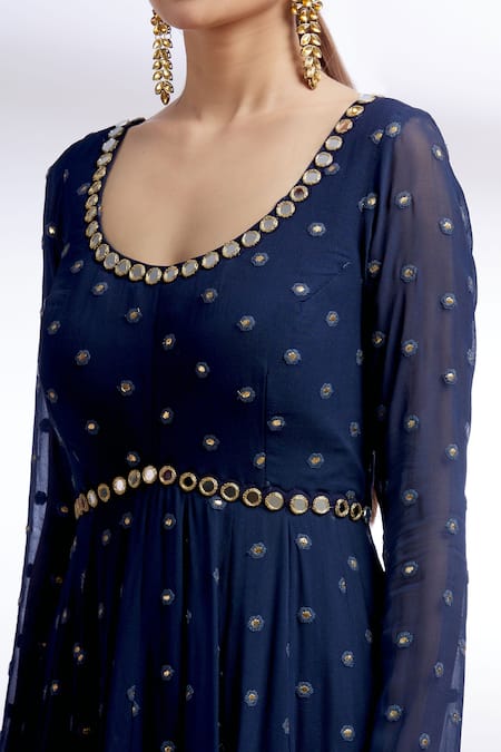 Shop Neha Mehta Couture Blue Georgette Scoop Neck Hand Embroidered Anarkali With Dupatta Online at Aza Fashions Shop_Neha Mehta Couture_Blue Georgette Scoop Neck Hand Embroidered Anarkali With Dupatta _Online_at_Aza_Fashions