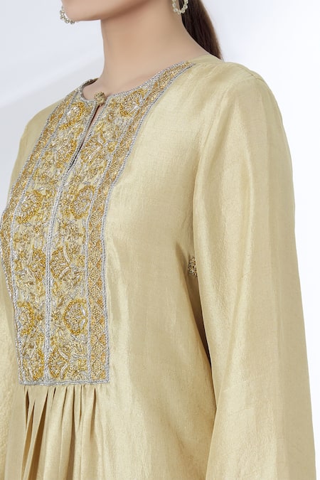Shop_Kanika Sharma_Gold Kurta Foil Summersilk Pant Crepe Notched Embroidered Silk And Dhoti Set_Online_at_Aza_Fashions