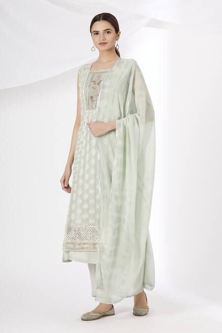Kanika Sharma_Grey Kurta Phulkari Dupatta Georgette Pant Crepe Square Embroidered Set_Online_at_Aza_Fashions