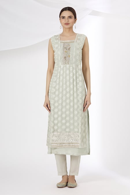 Buy_Kanika Sharma_Grey Kurta Phulkari Dupatta Georgette Pant Crepe Square Embroidered Set_Online_at_Aza_Fashions