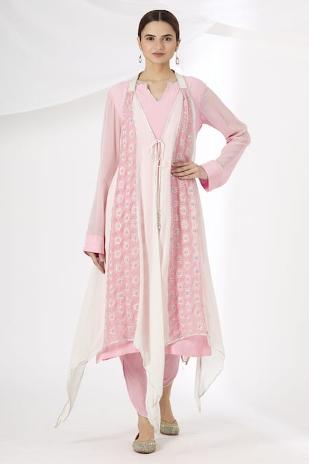 Kanika Sharma_Pink Jacket Phulkari Kurta Georgette Pant Embroidered And Dhoti Set With _Online_at_Aza_Fashions