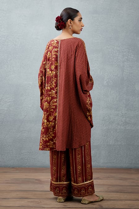 Buy_Torani_Red Slub Silk Bhagalpuri Floral Motifs V Neck Gulnar Ziba Kaftan And Pant Set _Online_at_Aza_Fashions
